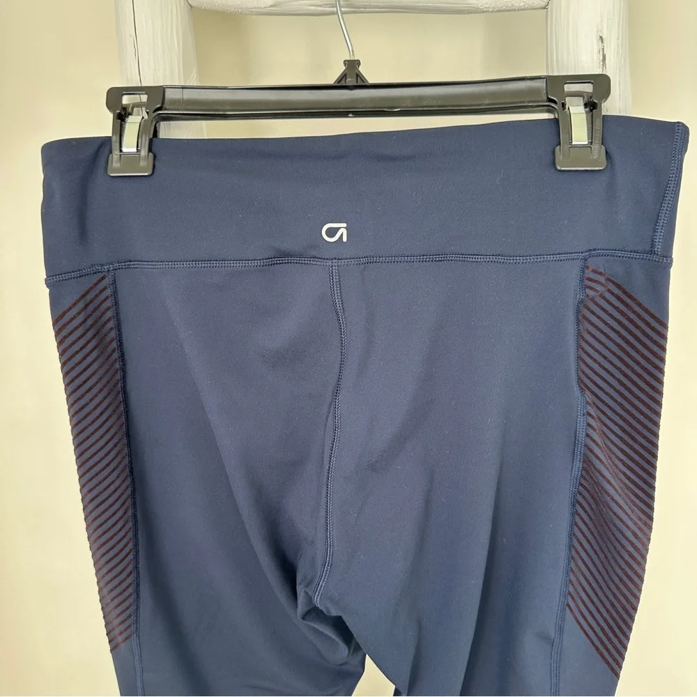 GAP Fit Sculpt Compression Moto Leggings Blue with Burgandy/Brown Stripes